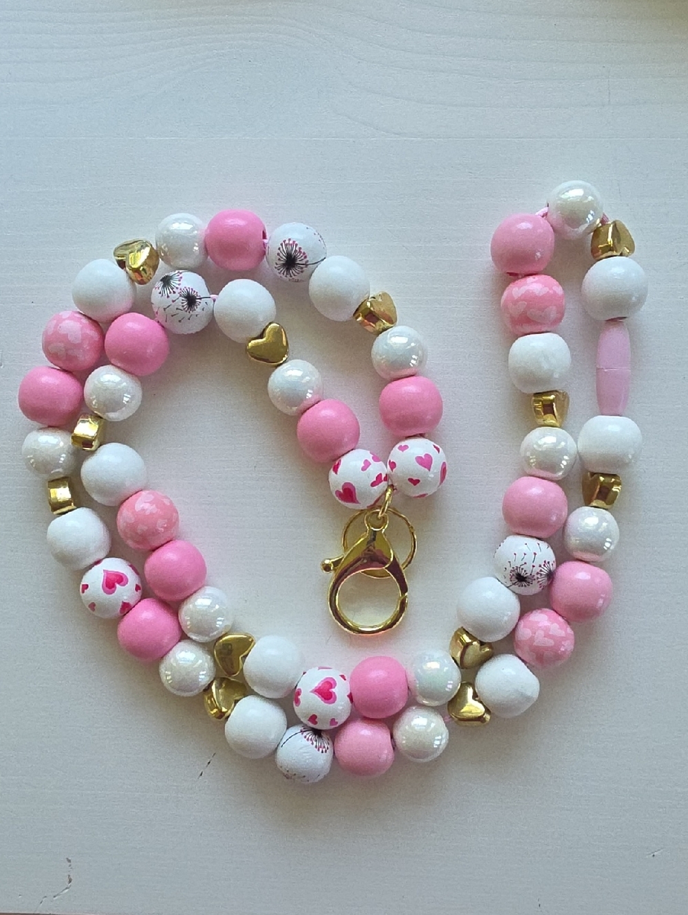 Pink & White Beaded Lanyard with Gold Accent Hearts